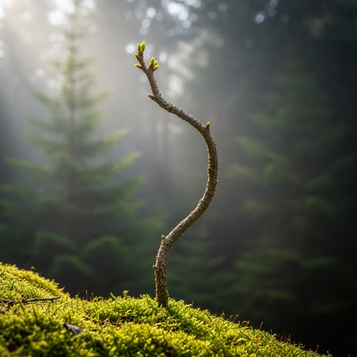 A slender budding branch rising from moss