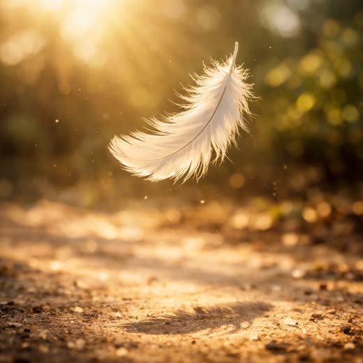 A white feather caught in golden light