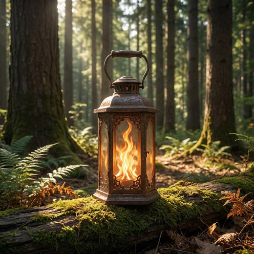 A lantern burning on a mossy log
