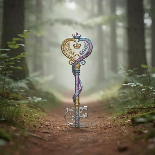 An ornate key standing upright on a forest path