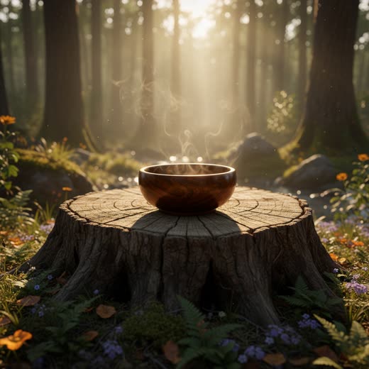 A dark wooden bowl on a tree stump, steam rising