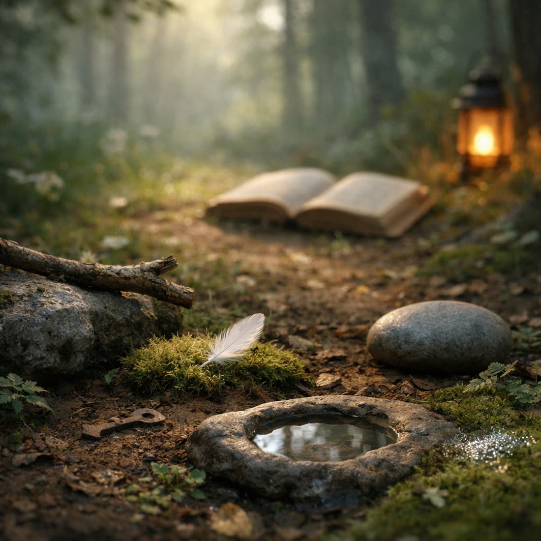 A feather, a stone, a key, a vessel, a branch and a lit lantern on a forest path, with an open book