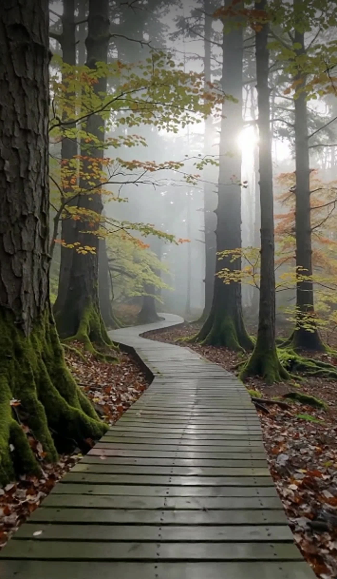 A wooden boardwalk winding through misty forest