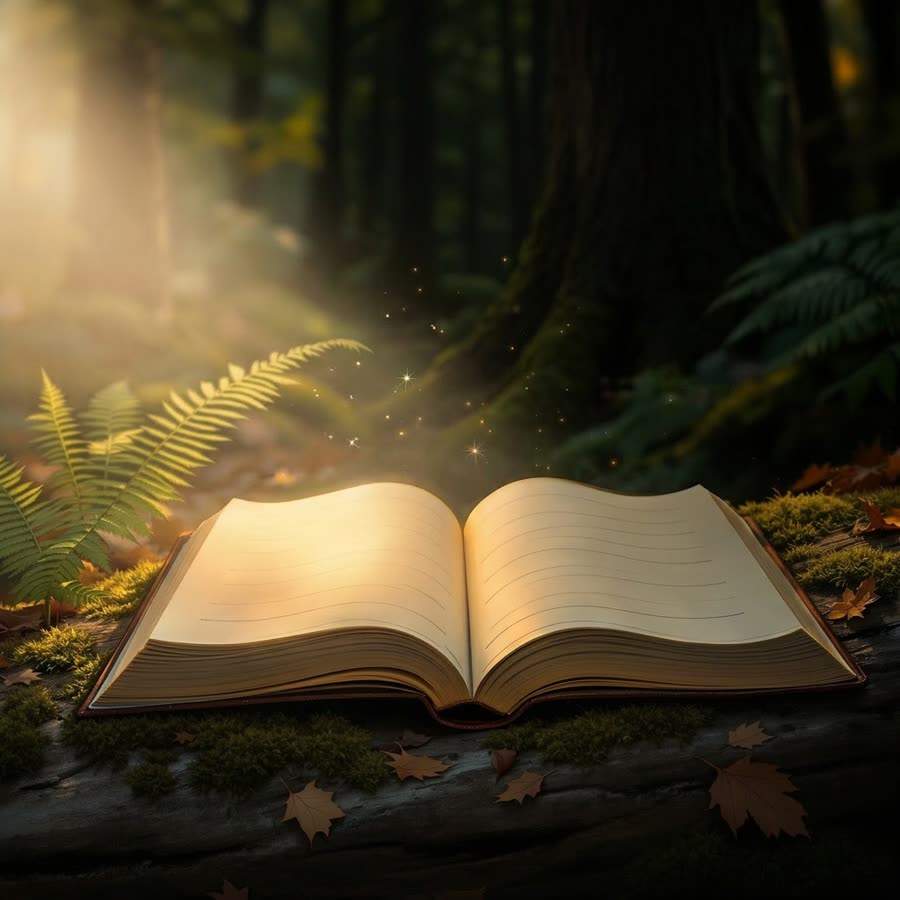 An open book resting on a mossy log in a sunlit forest
